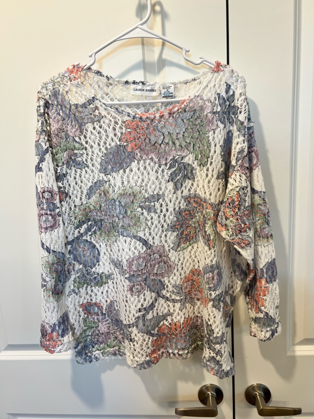 Lauren Brooke White Floral Open-Knit Long Sleeve Top